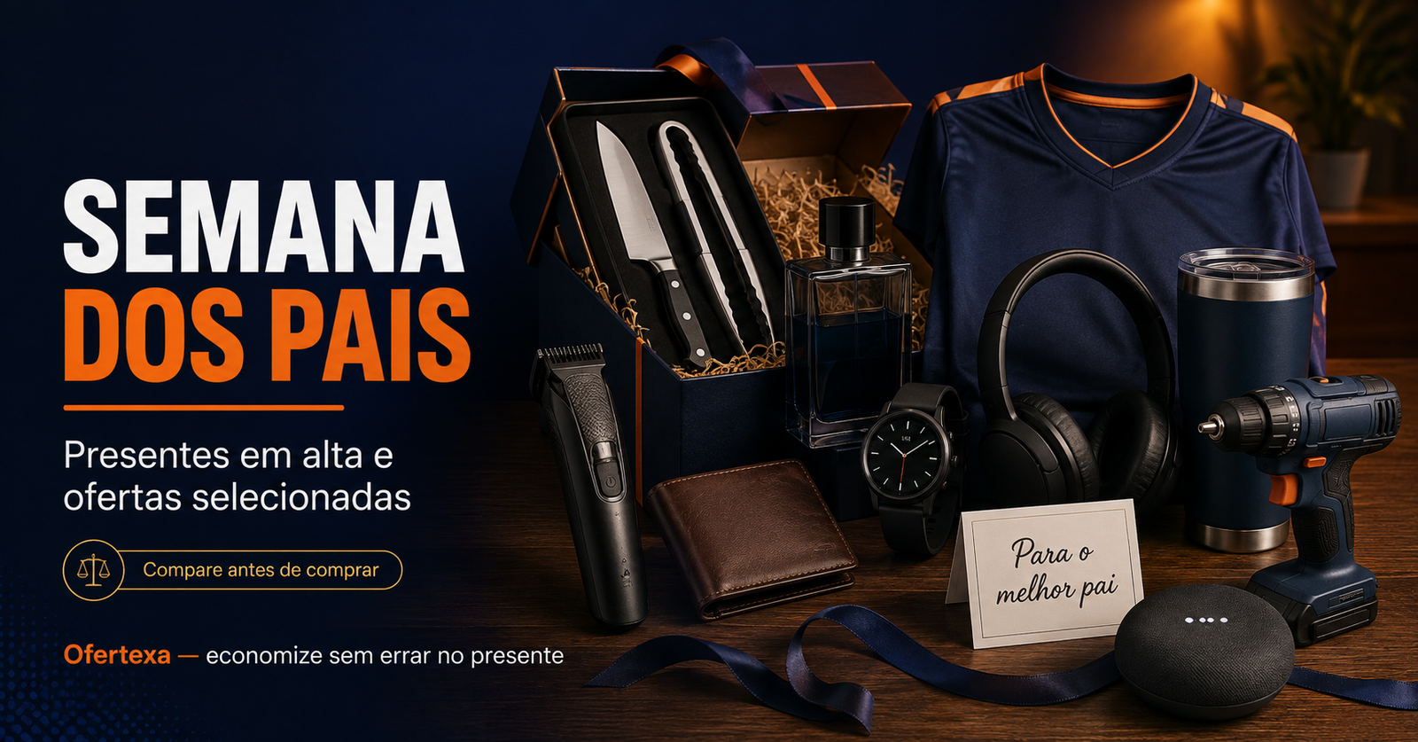 Banner da Semana dos Pais da Ofertexa com presentes em alta, como kit de churrasco, perfume, smartwatch e ferramentas.