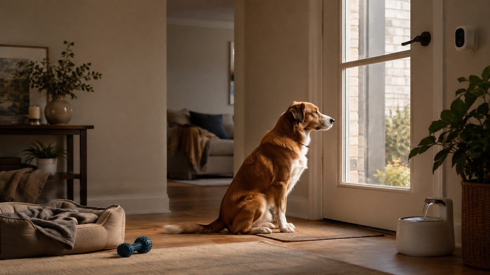 Cachorro sentado perto da porta de casa esperando o tutor, com cama, brinquedo, câmera pet e fonte de água ao redor.