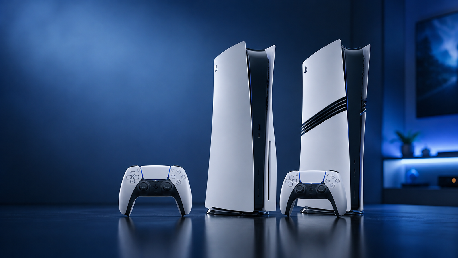 Consoles de videogame modernos representando a comparação entre PS5 e PS5 Pro em 2026