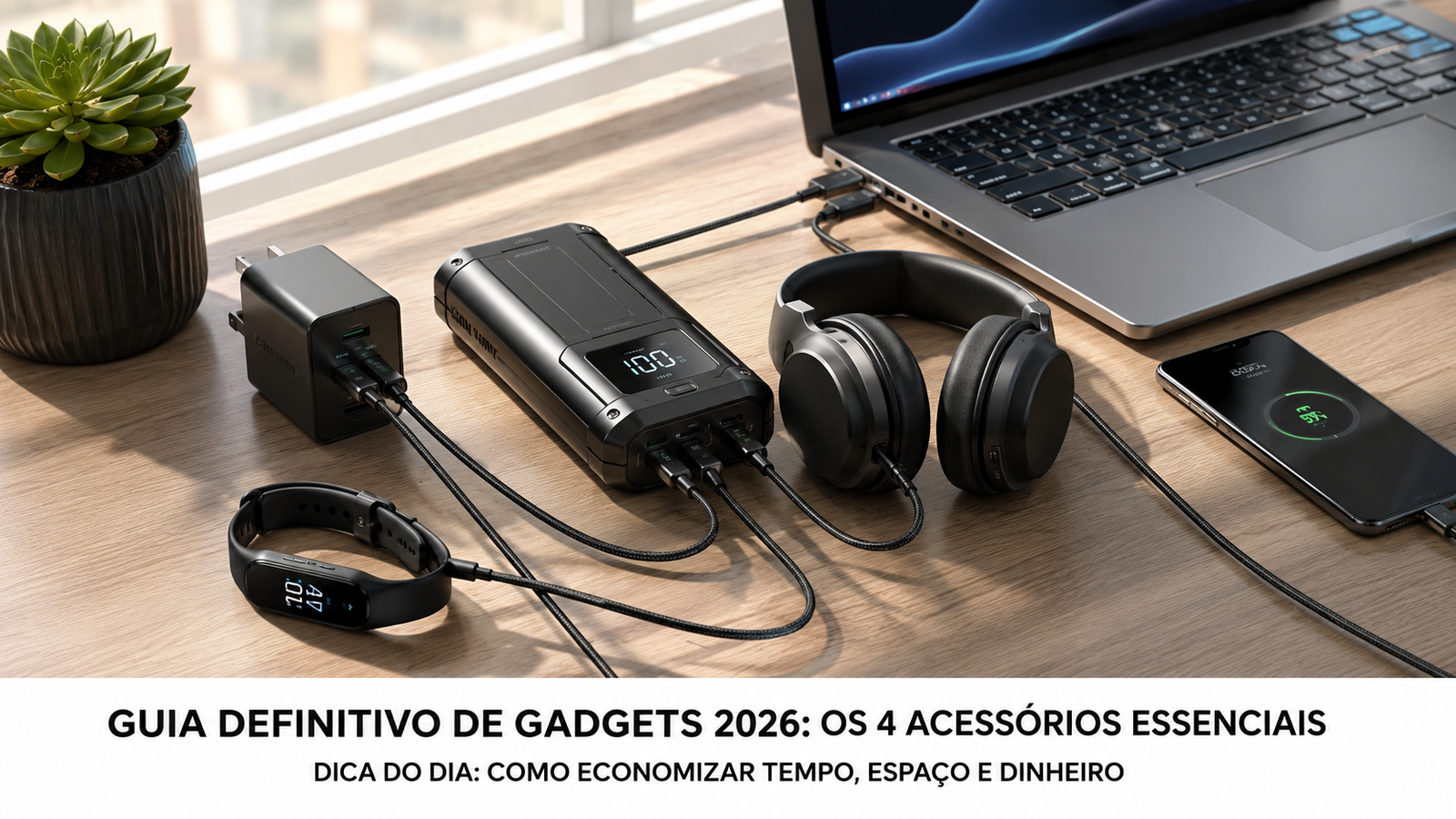 Mesa de trabalho moderna com gadgets essenciais: carregador GaN rápido, power bank, fones com cancelamento de ruído e smartband