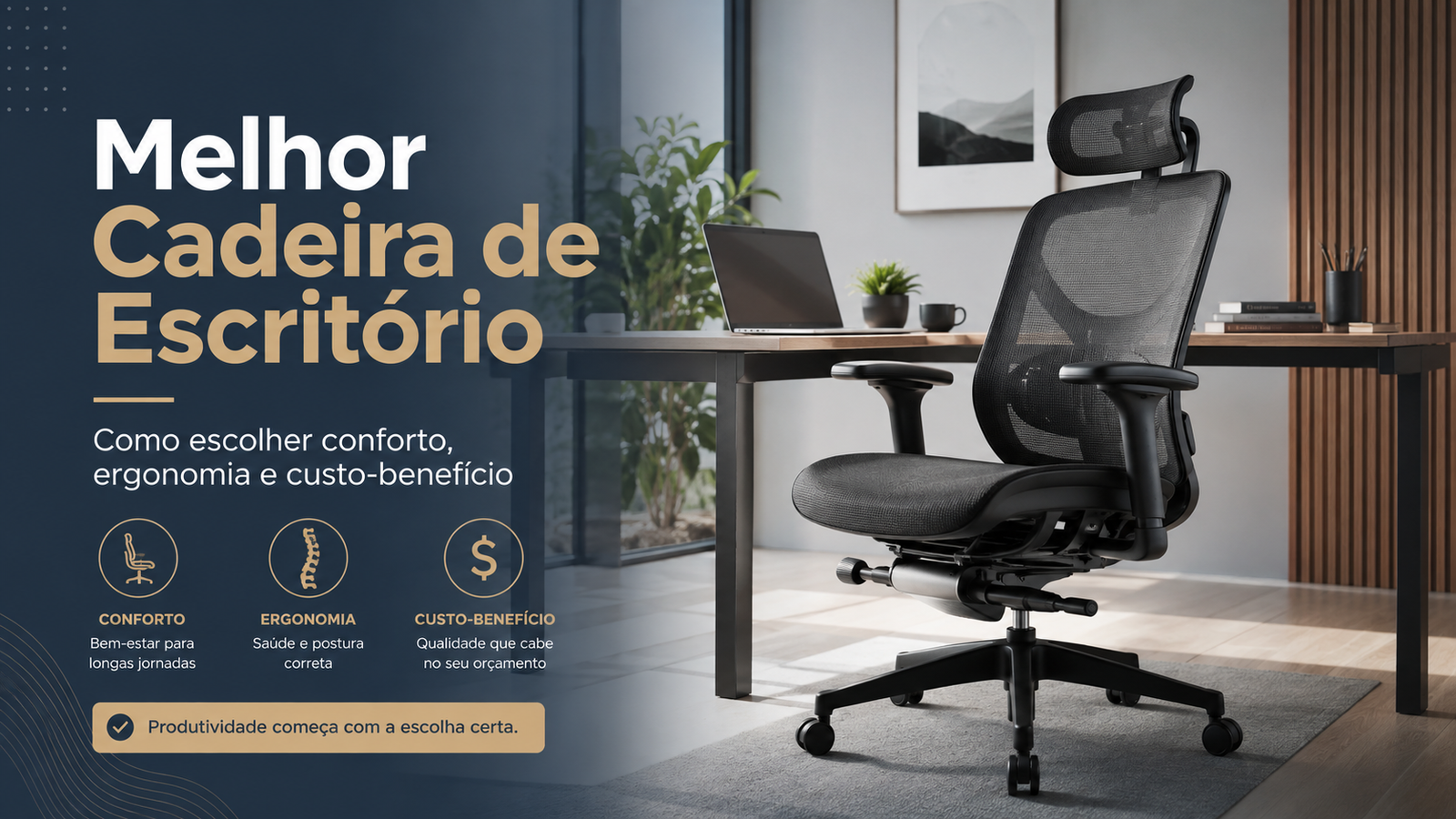 Capa do guia “Melhor cadeira de escritório”, com cadeira ergonômica preta em um ambiente de trabalho moderno.
