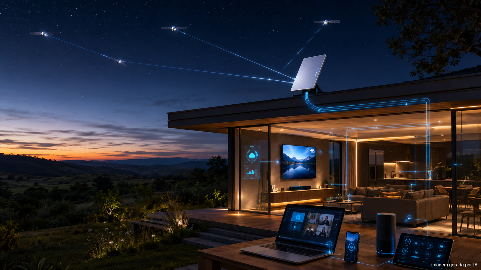 Antena de internet via satélite conectando uma casa rural à rede Amazon Leo