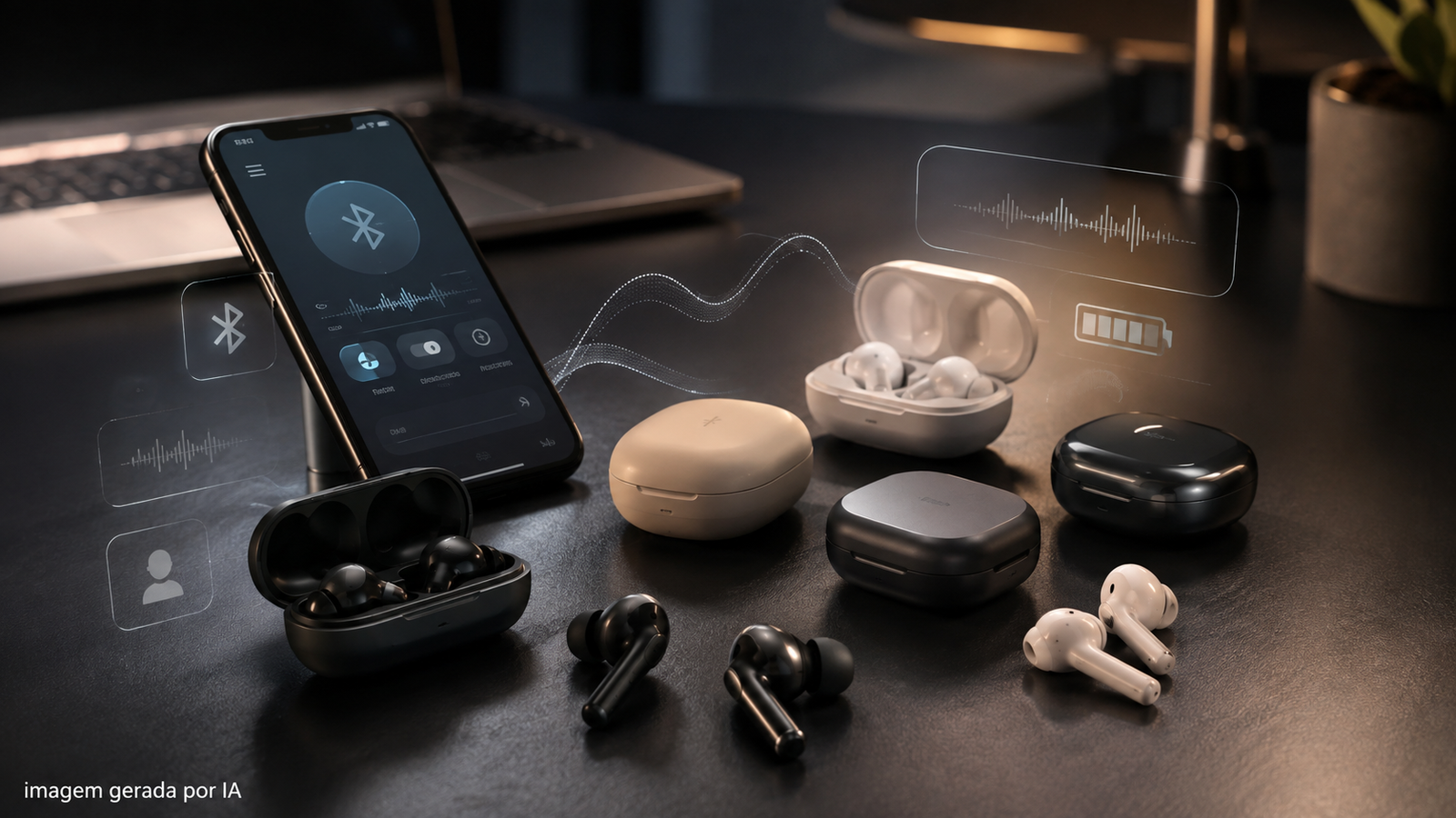 Fones Bluetooth TWS com estojos de carregamento ao lado de um smartphone